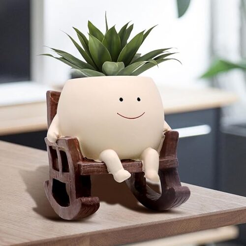 Toparad Smily Face Planter Pot for Indoor Outdoor Plants, Unique Sit Rocking Chair Succulent Pots with Drainage Hole, Cute Resin Flower Head Planters, Appreciation Gift